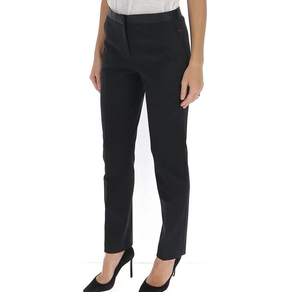 Theory Satin Waist Core Wool Crepe Trousers Pants Straight Leg Black - Picture 3 of 8